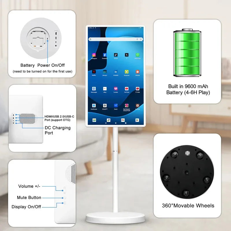 32 Inch Android 15 Smart TV, 6G+128G Floor Stand Tablet with Remote Controller, 2K Camera Video Call, Inbuilt 148W Battery Power