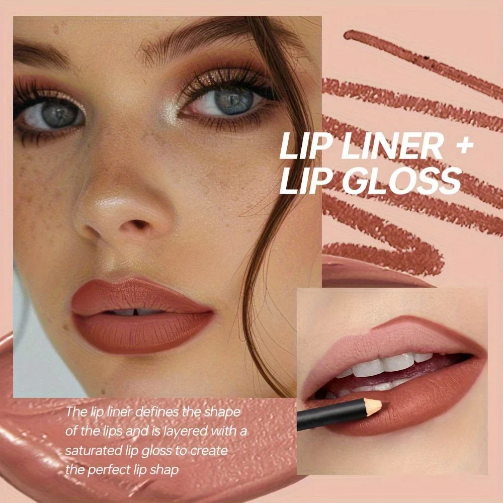 Blushimmer 3-piece lip set with matte lipstick, lip liner, and lip gloss in a stylish packaging.