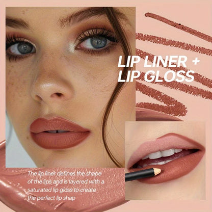 Blushimmer 3-piece lip set with matte lipstick, lip liner, and lip gloss in a stylish packaging.