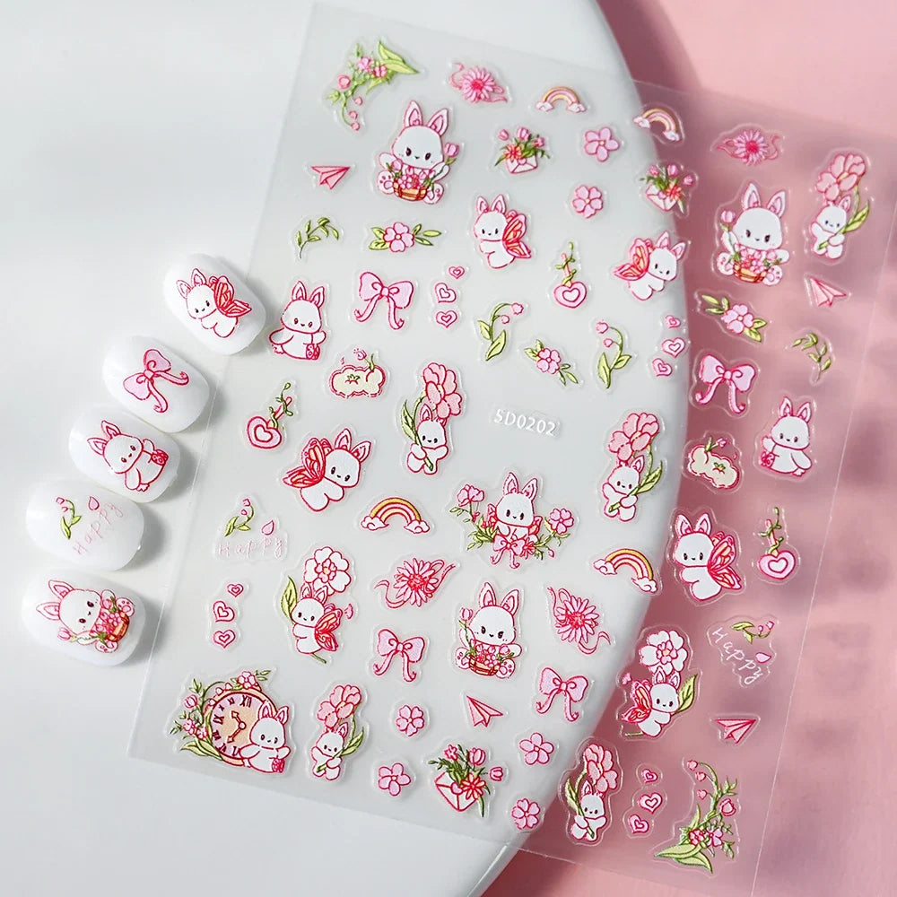 Cute panda nail stickers by Blushimmer featuring cartoon rabbits, flowers, and animals for stylish Y2K manicure decor.
