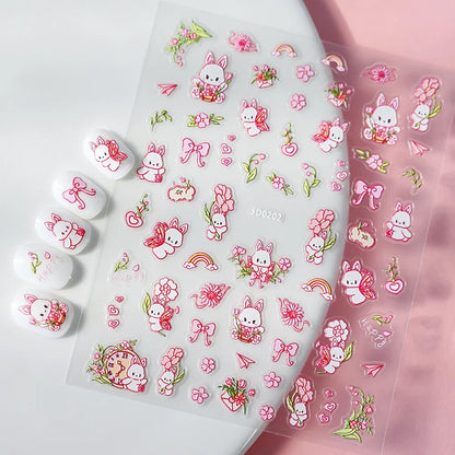 Cute panda nail stickers by Blushimmer featuring cartoon rabbits, flowers, and animals for stylish Y2K manicure decor.