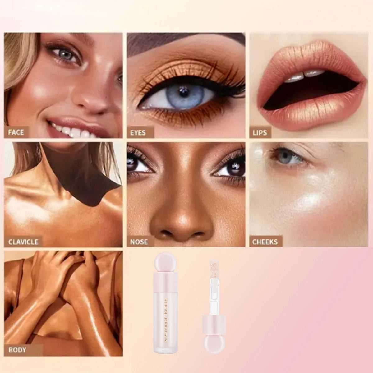 Blushimmer liquid face highlighter, blush, and contour set with a glossy finish and natural glow on a makeup palette.