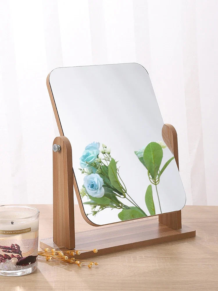 Blushimmer dresser vanity makeup mirror with wood stand, 360-degree rotating compact cosmetic mirror, portable countertop bath gift
