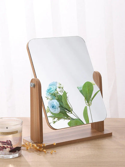Blushimmer dresser vanity makeup mirror with wood stand, 360-degree rotating compact cosmetic mirror, portable countertop bath gift