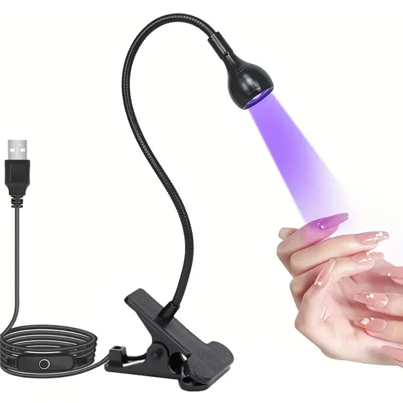 Blushimmer UV nail dryer lamp with 395nm wavelength, mini clip-on design, USB-powered for gel nails and manicure salon use.