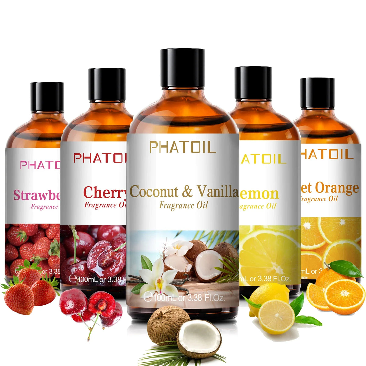 Blushimmer PHATOIL aromatherapy fragrance oil bottles in coconut, vanilla, strawberry, cherry, lemon scents for diffusers and candles