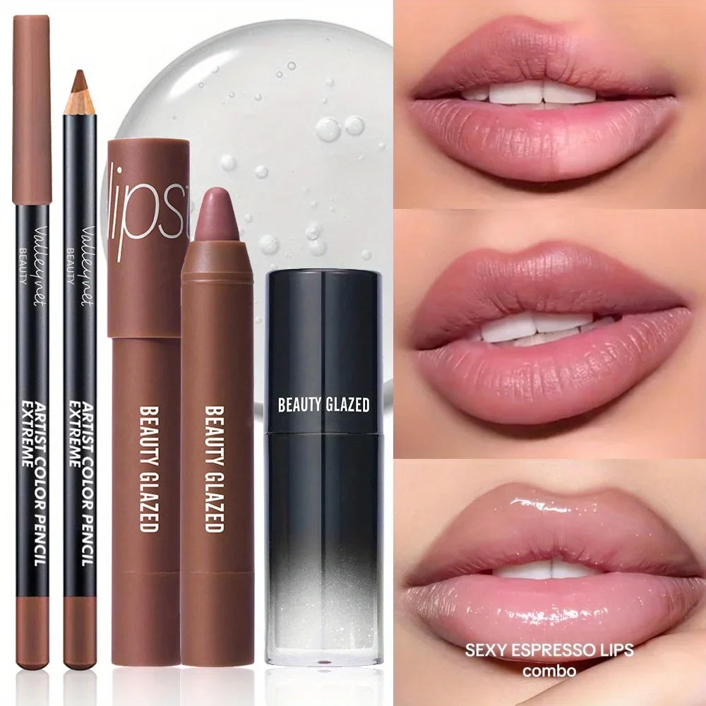 Blushimmer 3-piece lip set with matte lipstick, lip liner, and lip gloss in sleek packaging, showcasing vibrant lip cosmetics.