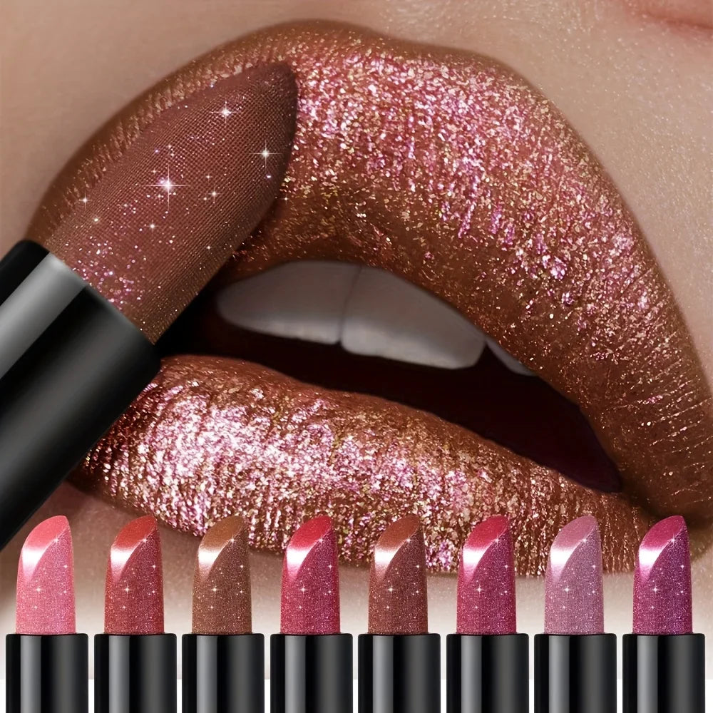 Blushimmer metallic shimmer lipstick with pearly glitter shine, creamy texture, high color payoff, and smooth application for party makeup.
