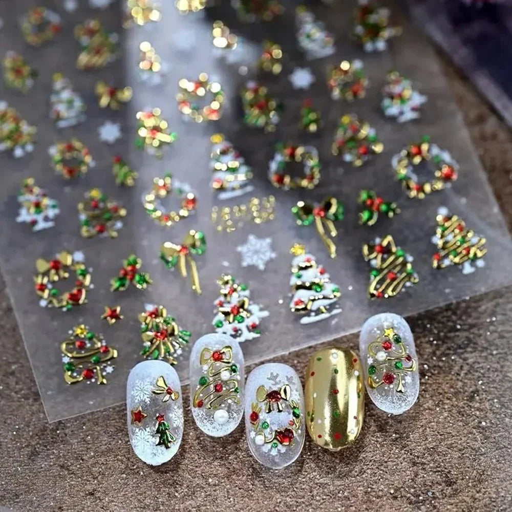 Silver snowflake Christmas nail stickers by Blushimmer featuring self-adhesive winter manicure decals with Christmas tree designs.