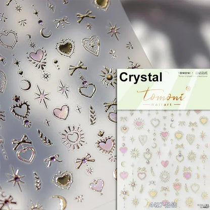 Colorful Cat's Eye 5D gradient European love heart gem nail art stickers with geometric wing designs by Blushimmer for manicure embellishments.