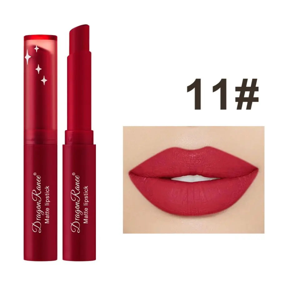 Blushimmer matte waterproof lipstick in deep red with velvety finish, non-fading and moisturizing for European and American makeup looks.