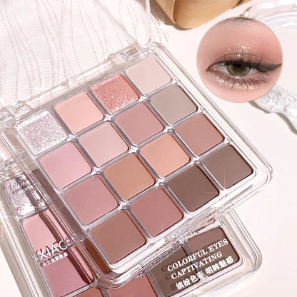 Xiaoyumi 16-color Sunset Eyeshadow and Highlighter Palette with warm shades in a sleek compact, featuring vibrant eye and cheek colors.