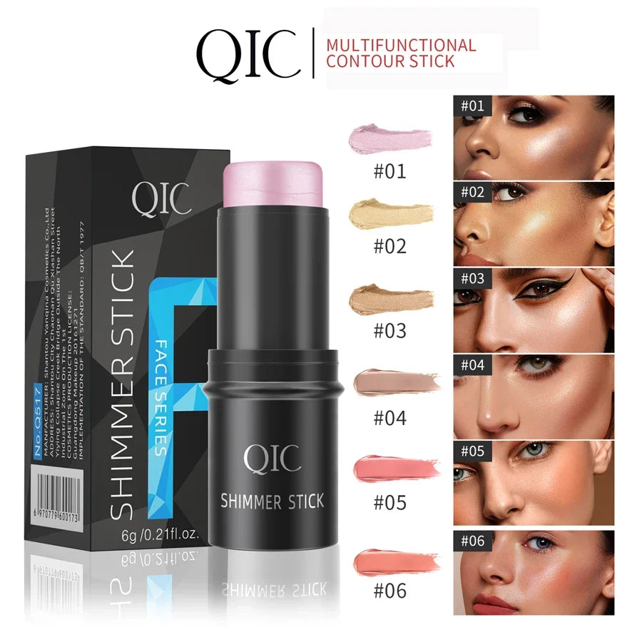 Blushimmer face contouring bronzer stick with highlighter and blush, cream makeup for brightening and concealing, shown on skin.