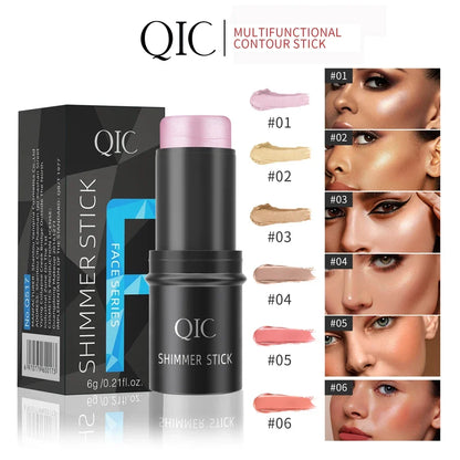 Blushimmer face contouring bronzer stick with highlighter and blush, cream makeup for brightening and concealing, shown on skin.