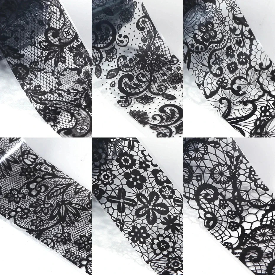 Set of 10 white and black lace nail art foil rolls from Blushimmer, featuring transfer sticker paper for DIY manicure decoration.
