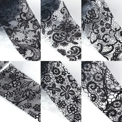 Set of 10 white and black lace nail art foil rolls from Blushimmer, featuring transfer sticker paper for DIY manicure decoration.