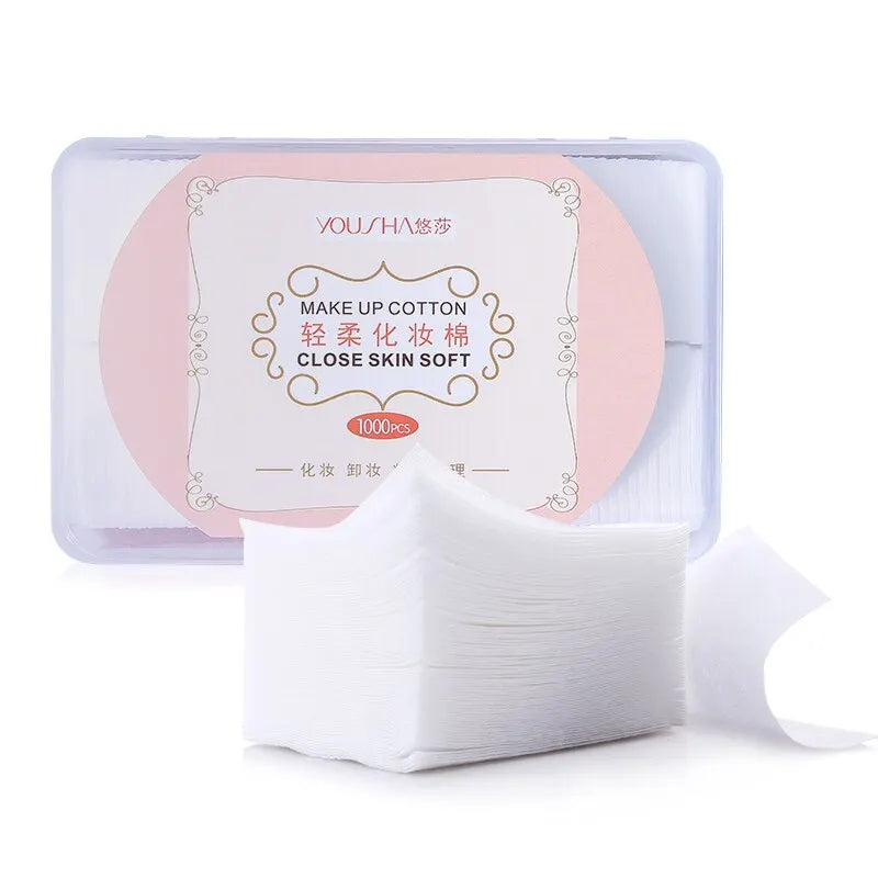 Set of 1000 disposable makeup cotton wipes by Blushimmer, soft facial cleansing pads for gentle skin makeup removal.