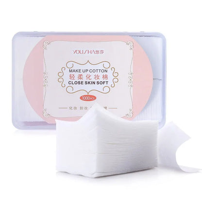 Set of 1000 disposable makeup cotton wipes by Blushimmer, soft facial cleansing pads for gentle skin makeup removal.