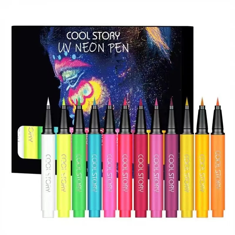 Blushimmer 12-piece neon eyeliner pencil set with fluorescent UV glow and liquid body paint for festival makeup, artistic eye and body art.