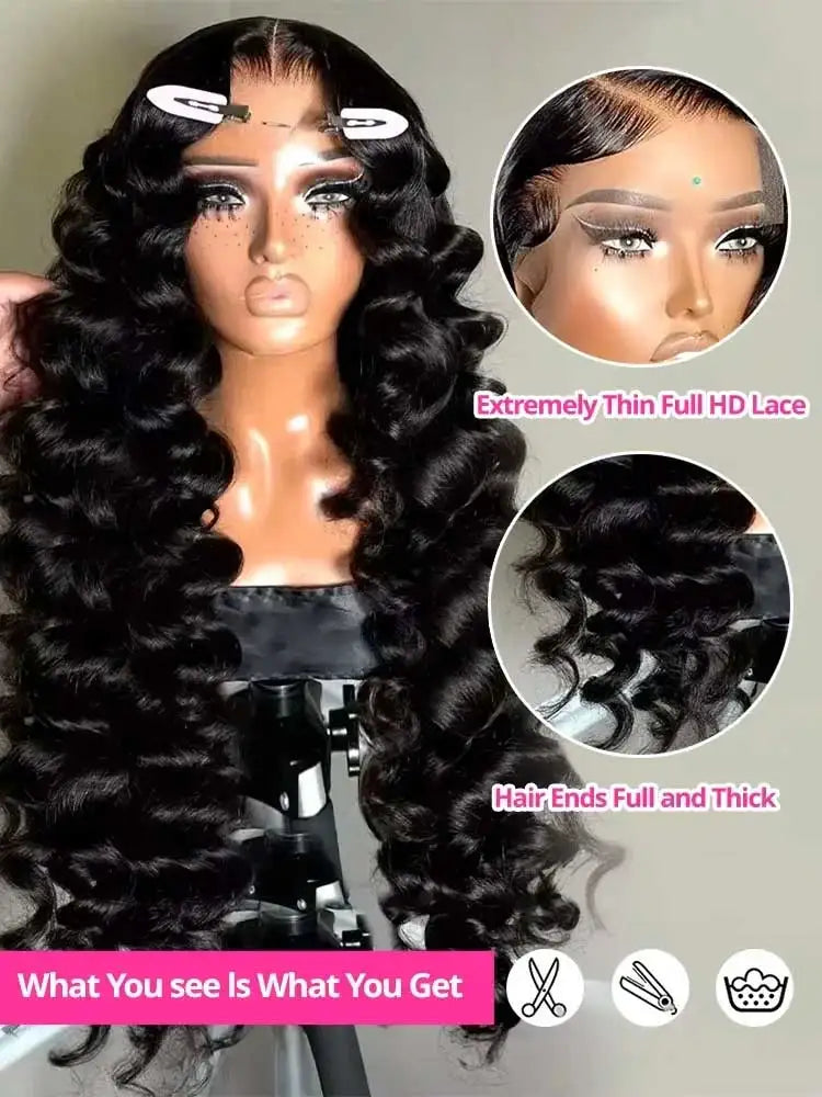Selvanelle 40-42 inch deep wave HD lace frontal wig with loose curls, 13x4 or 13x6 lace, human Remy hair for women