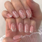Set of 24 pink and white gradient square fake nail tips with French press design by Blushimmer, featuring short full cover false nails.