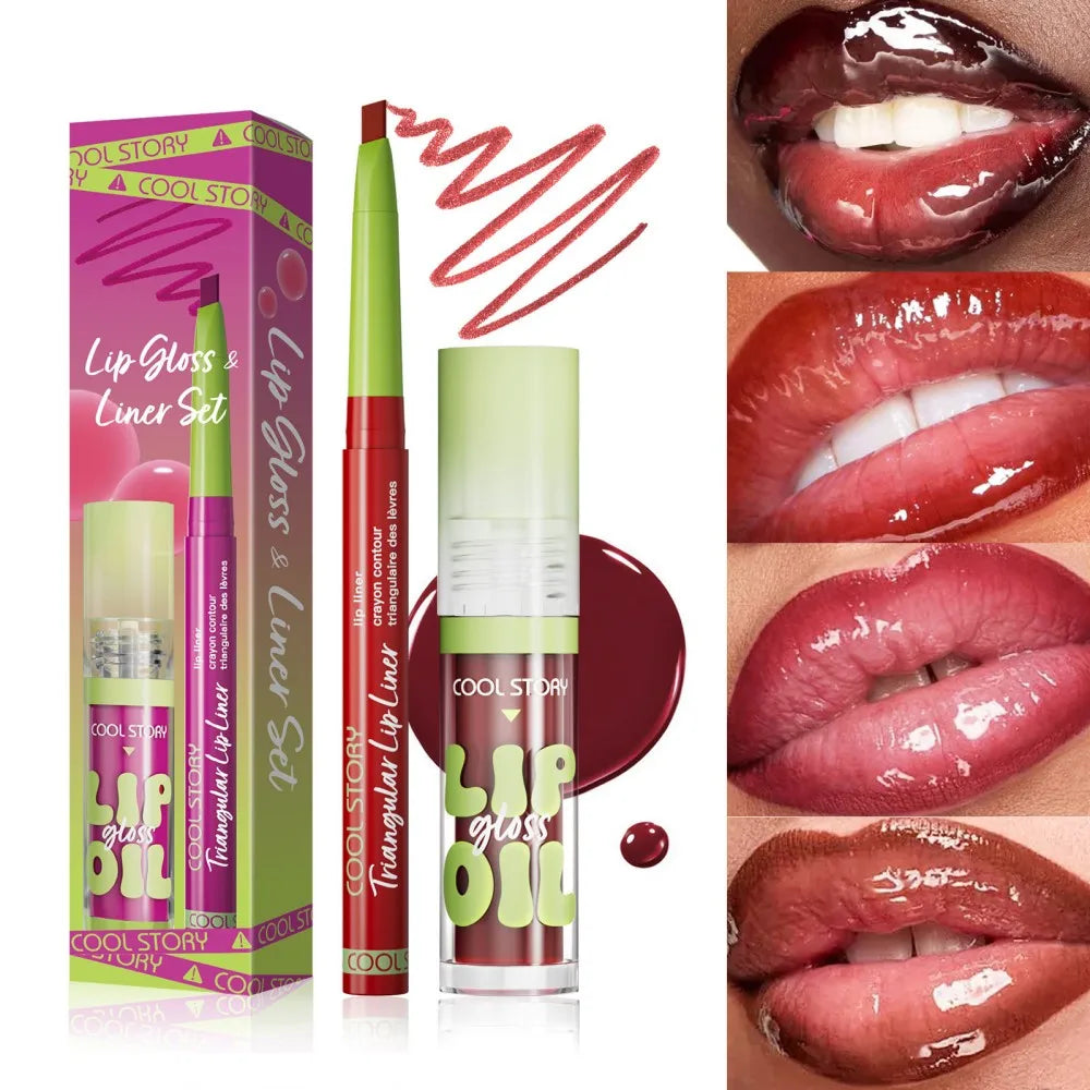 Blushimmer 3-piece lip liner and gloss set with dual-ended lipstick and smooth buildable lip gloss for women.