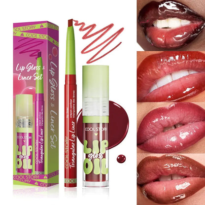Blushimmer 3-piece lip liner and gloss set with dual-ended lipstick and smooth buildable lip gloss for women.