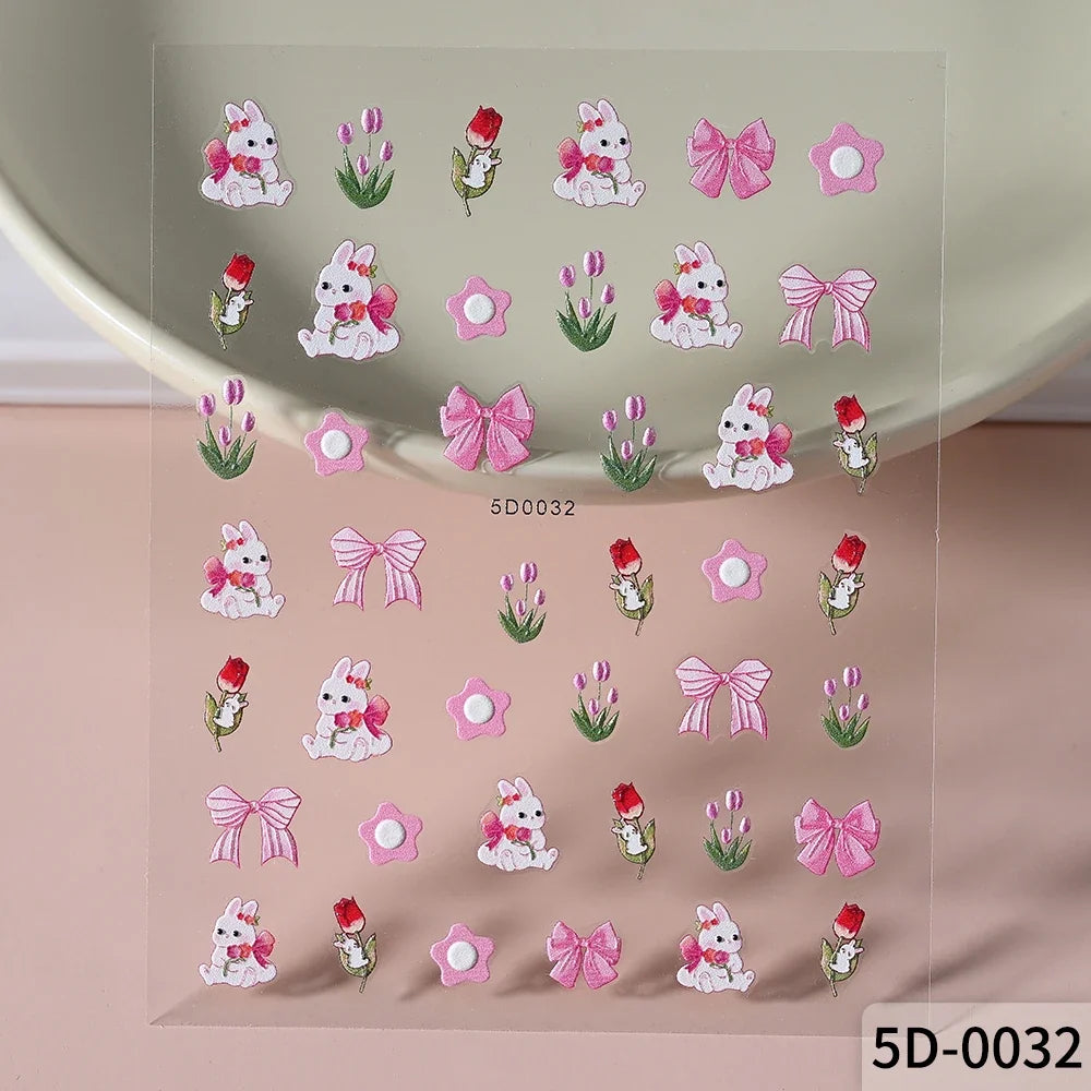 Cute panda nail stickers by Blushimmer featuring cartoon rabbits, flowers, and animals for fun, decorative Y2K manicure nail art.