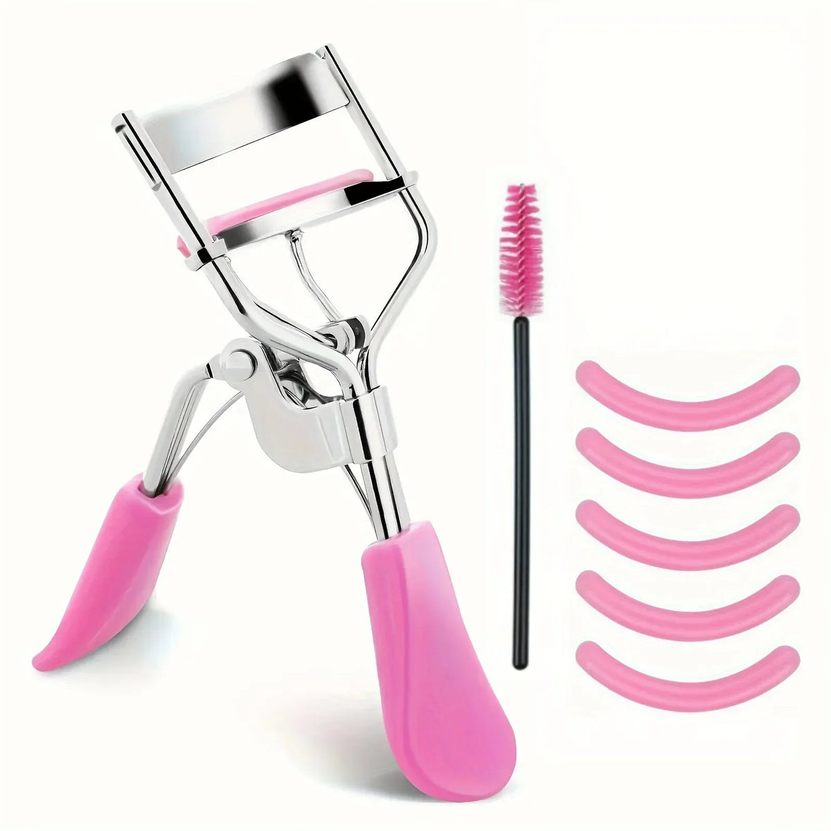 Blushimmer eyelash curler set with replacement pads, tweezers, clips, mascara wands, and brushes for women’s lash curling makeup.