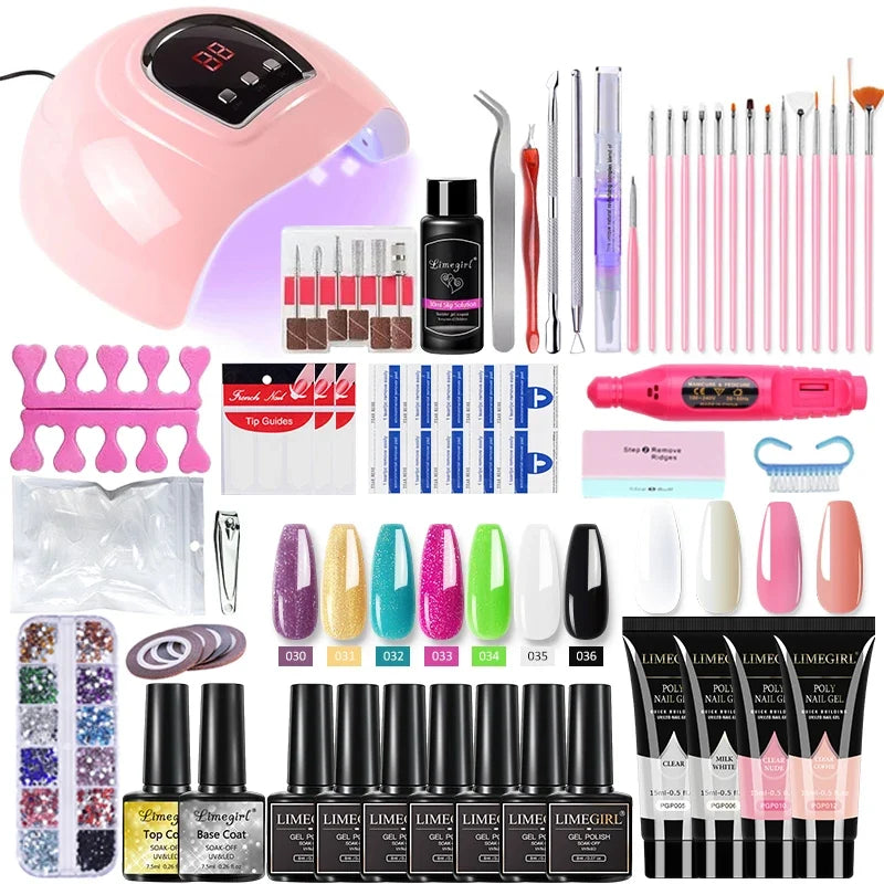 Blushimmer Limegirl nail set with 54W UV gel nail lamp, 18/12/7 color gel polishes, nail drill, and accessories for professional manicures.