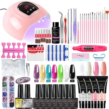 Blushimmer Limegirl nail set with 54W UV gel nail lamp, 18/12/7 color gel polishes, nail drill, and accessories for professional manicures.
