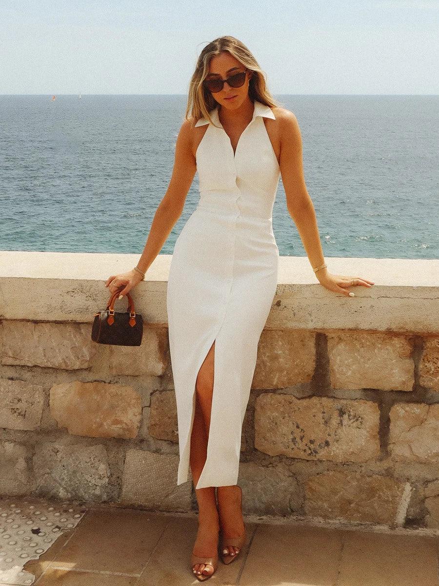 Luxlife Brands Sasha summer slim fit maxi dress in lightweight fabric, featuring a flowing silhouette and stylish design.