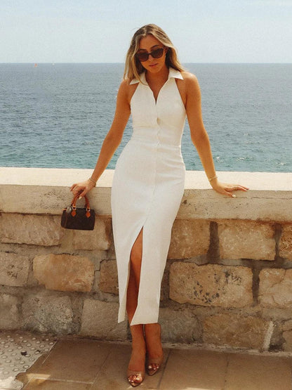 Luxlife Brands Sasha summer slim fit maxi dress in lightweight fabric, featuring a flowing silhouette and stylish design.
