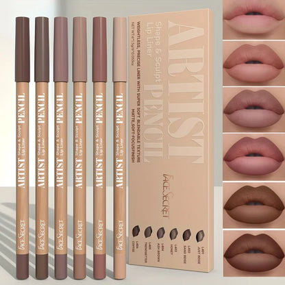 Six Blushimmer velvet matte lip liner pencils in various shades, featuring long-lasting, non-drying formula for precise lip lining and filling.