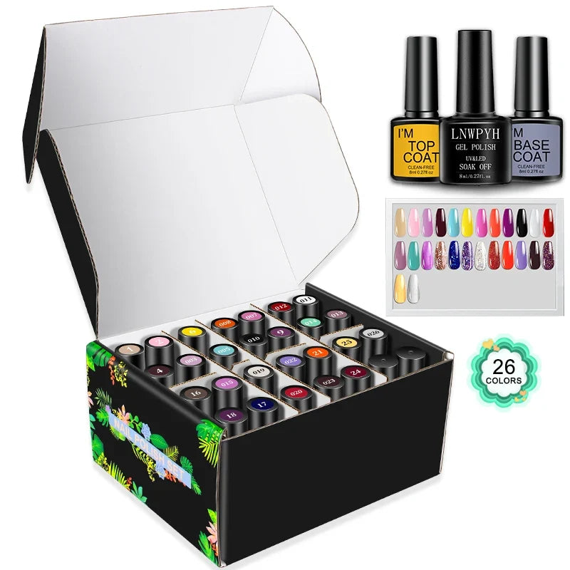 Blushimmer LNWPYH gel nail polish set with 26 colors, including base and top coats, UV and LED soak-off gel varnish kit.