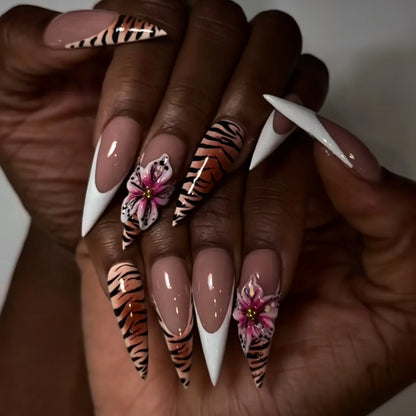 Blushimmer 3D Bowknot pearl leopard French nude almond false nails with detachable press-on design, stylish nail art for fashion.
