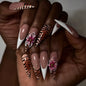 Blushimmer 3D Bowknot pearl leopard French nude almond false nails with detachable press-on design, stylish nail art for fashion.