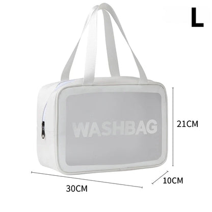 Transparent waterproof travel wash bag by Blushimmer with large capacity cosmetic organizer and makeup storage for women.