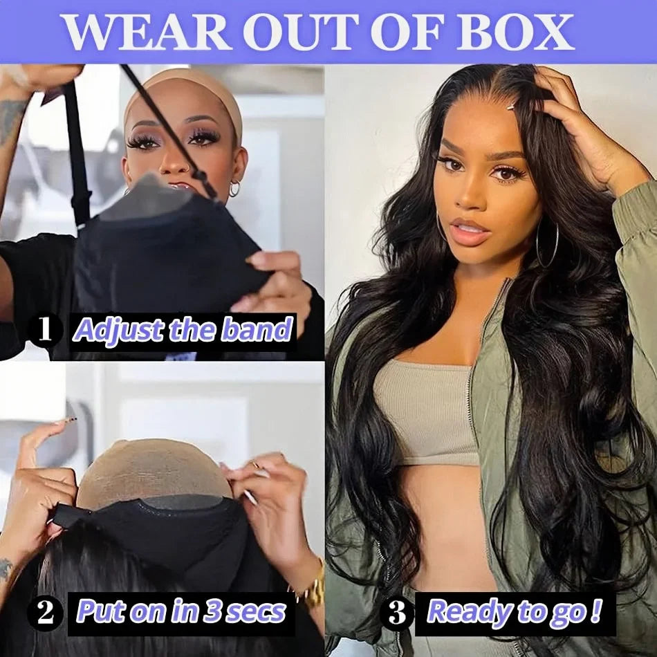 Selvanelle body wave glueless human hair lace front wig with 5x5 lace frontal and Brazilian closure, ready to wear for women.