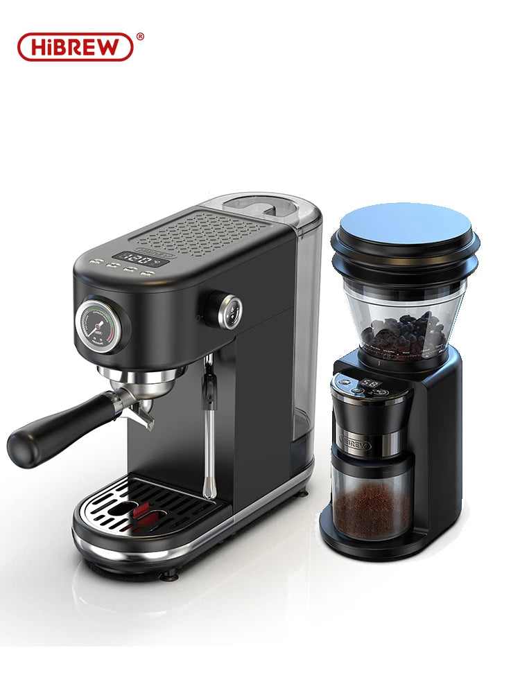 HiBREW 20 Bar semi-automatic espresso coffee machine with sleek design, temperature control, and steam wand for hot and cold drinks.