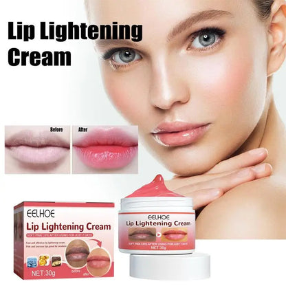 Blushimmer organic lip lightening balm in 30g container, showing soft pink lips and the product tube for dark lips brightening.