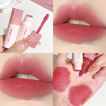 Blushimmer JUJU Dream Small milk tube lip gloss in airy white matte finish, velvet texture, lightweight lifting lipstick, close-up view