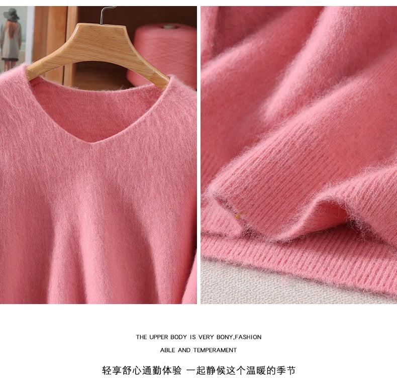 Autumn And Winter New High-End Female Mink Cashmere Sweater Solid Color Long-Sleeved Wool Knit Bottoming Sweater Loose Top