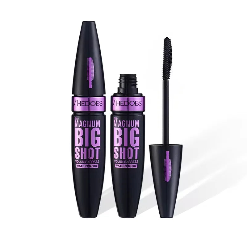 Black waterproof lengthening mascara by Blushimmer with thick, long-lasting black formula, showcased in a close-up image.