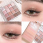 Sixteen-color sunset magic eye shadow plate by Blushimmer featuring pearl and matte earth tones for Korean makeup looks.