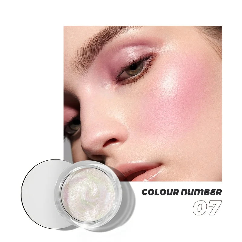 Blushimmer liquid highlighter in 9 colors, waterproof, multi-purpose for cheeks, eyes, face, lips, and body with a radiant finish.