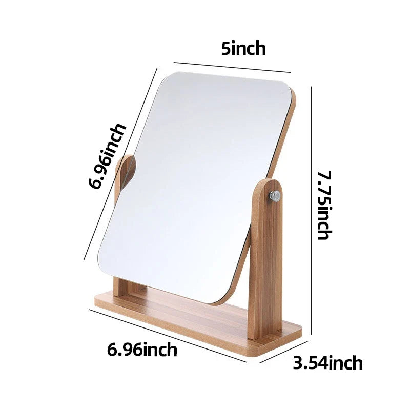 Blushimmer dresser vanity makeup mirror with wood stand, 360-degree rotating compact cosmetic mirror for countertop use.