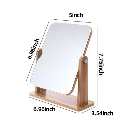 Blushimmer dresser vanity makeup mirror with wood stand, 360-degree rotating compact cosmetic mirror for countertop use.