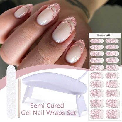 Blushimmer Harunouta 4-pack gradient jelly semi-cured gel nail strips with nude pink waterproof long-lasting nail stickers and lamp.