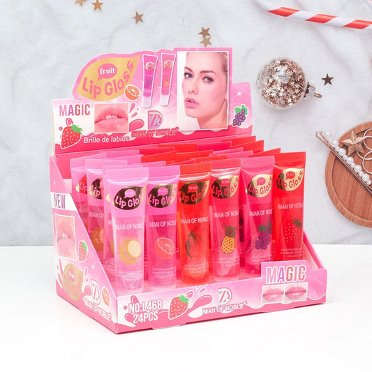 Set of 6 Blushimmer moisturizing clear lip glosses with pineapple, strawberry, and grape flavors in translucent plumping lip oils.
